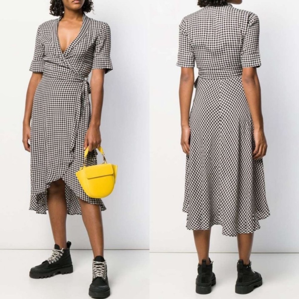 NWT GANNI Crepe Check Wrap Midi Dress 0